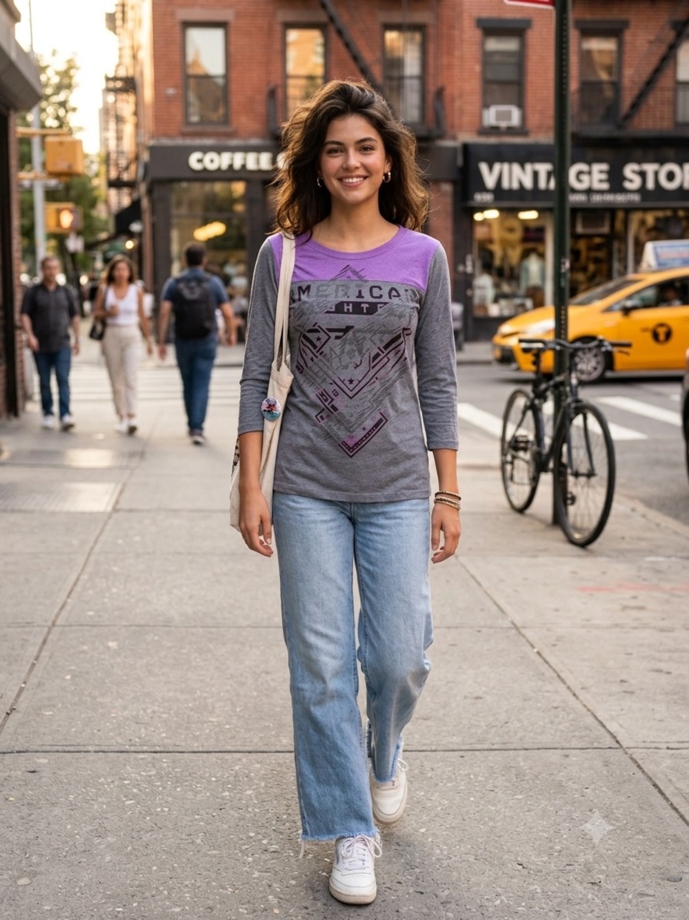 NWT American Fighter Nantucket 3/4 Gray Panel Tee with Purple Accents Women M